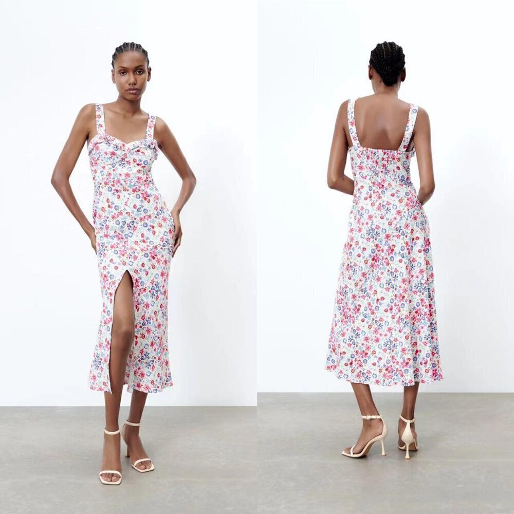 Nwt Zara White Blue Linen Blend Prairie Maxi Dress